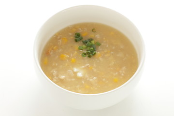 Chinese food, corn and mince chicken soup with egg