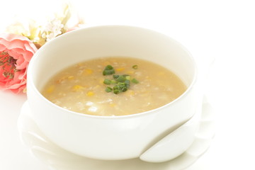 Chinese food, corn and mince chicken soup with egg