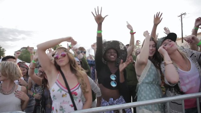 Crowd of young friends cheering and dancing behind railing at summer music festival