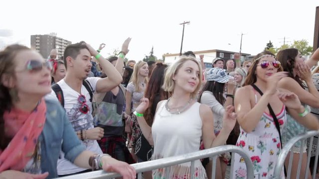 Crowd of young friends dancing at summer music festival