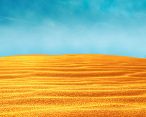 Abstract sand desert landscape with sky, sunny day blue sky. Sand dunes at sunset.