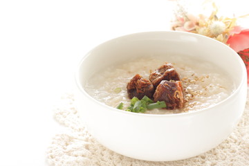 Chinese food, spicy beef jerky on rice porridge with copy space