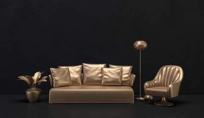 The interior of the room in golden metalic style furnitures and room accessories. Dark background with copy space. 3D rendering