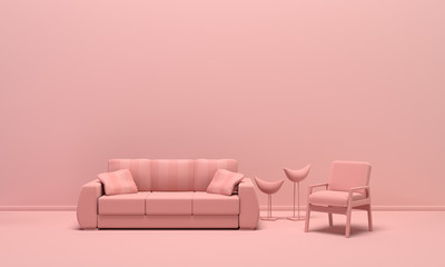 Interior room in plain monochrome light pink color with furnitures and room accessories. Light background with copy space. 3D rendering