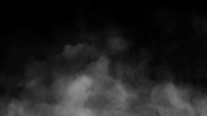 Smoke on the floor . Isolated black background . Misty fog effect texture overlays for text or space.