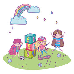 Obraz premium happy childrens day, girls riding skateboard with soccer ball and blocks in park