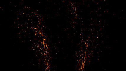 Fototapeta na wymiar Fire embers particles texture overlays. Explosion burn powder spray burst on isolated black background. Stock illustraion.