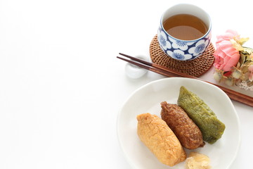 Japanese food, assorted inari-zushi rice and tofu skin on dish,