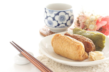 Japanese food, assorted inari-zushi rice and tofu skin on dish,