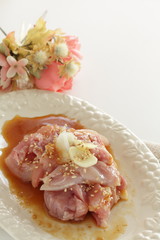 Korean food, chicken and soy sauce marinated for prepare barbecue ingredient, 