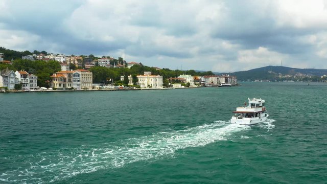 Istanbul Bosphorus Waterside House and Boat Passing Aerial View 2