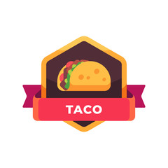 Taco with salad and tomatoes. Mexican fast food label