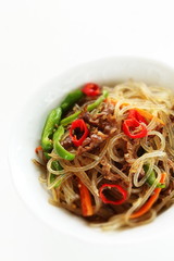 Homemade Korean cuisine, Japchae beef and vegetable stir fried with glass noodles