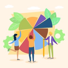 People teamwork vector illustration flat design. Business report analytic presentation in pie chart parts circle diagram concept. Man, woman coworkers, partners collaboration group.