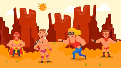 Wrestlers athlete men fights power sport competitions vector illustrator. Combative costumed masked lucha mexican western people in outdoors wrestling extreme battle. Cliffs, rocks desert background.