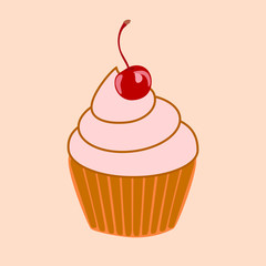 Flat illustration of a cream cake with a cherry. Berry or fruit cream in a basket of shortcrust pastry.