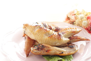 Chinese food,  barbecue and honey chicken on lettuce