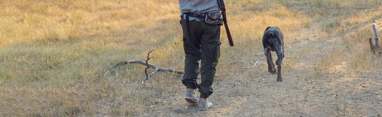 A man with a gun in his hands and an green vest  on a pheasant hunt in a wooded area in cloudy...
