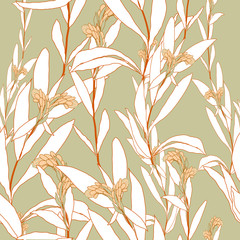 Abstract leafy botanical nature inspired floral vector seamless repeat pattern perfect for fabric and textiles, wall paper, greeting cards, home decor products,prints, packaging and branding