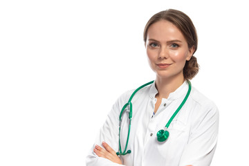 Fototapeta premium Medicine and Healthcare. Portrait of Confident Professional GP Doctor Posing With Endoscope Against White.