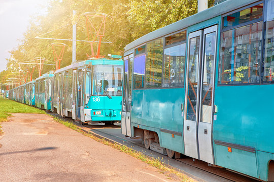 Public Transport Accidents. Line of Tramways Stuck in City Jam at Daytime.