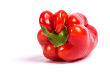 Ugly shaped organic vegetables. Deformed homegrown bell pepper isolated on white background