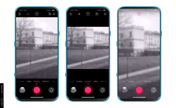 UI UX Design camera app for mobile. Shooting modes normal, portrait, square, video and advanced settings. Mobile app design. Mockups Set
