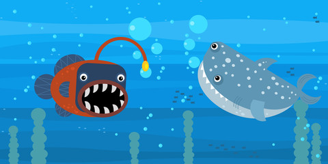 Happy cartoon undersea scene with swimming coral reef fishes illustration