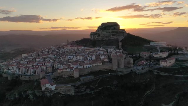 Flying around the medieval walls of Morella Spain before sunset
