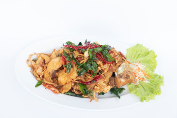 Food in a Thai restaurant Made from meat and vegetables on white background