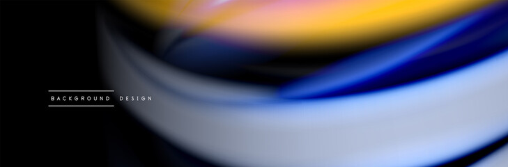 Silk and smooth flow wave poster design. Color waves, liquid style lines and shapes in black color background