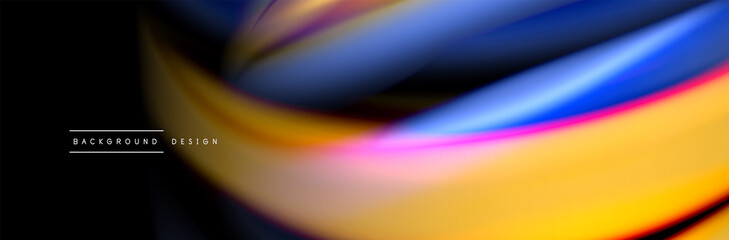 Silk and smooth flow wave poster design. Color waves, liquid style lines and shapes in black color background