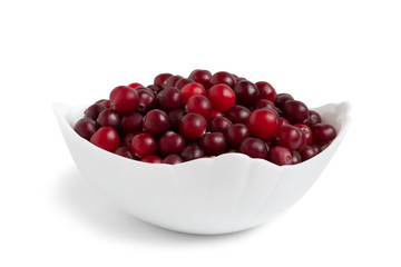 Ripe cranberries in a white ceramic bowl isolated on white background
