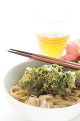 Homemade Japanese udon noodles and green leaves tempura