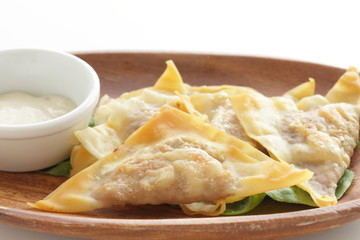 Chinese cuisine, deep fried wonton served with mayonnaise sauce