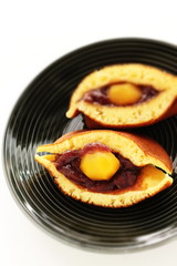 Japanese confectionery food, chestnut and red bean paste Dorayaki Pan cake sandwiches in half