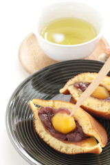 Japanese confectionery food, chestnut and red bean paste Dorayaki Pan cake sandwiches in half