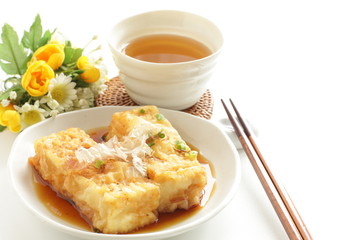 Japanese food, Dashi tofu Katsuobushi and tea