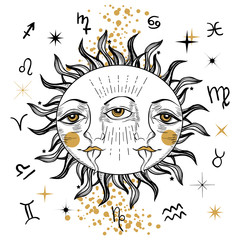Vector illlustration of three eyed sun - astronomy and astrology symbol. Vintage, boho or gypsy style. Astrology and alchemy vibes. Funny and cute tattoo.