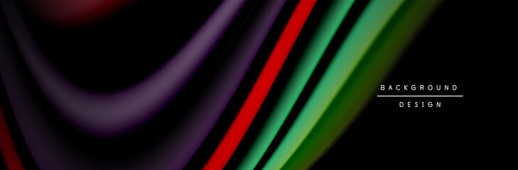 Сolorful flow poster. Wave liquid lines and shapes in black color background. Vector Illustration