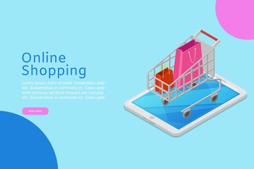 Online shopping banner with isometric shop cart on tablet for the online store, internet shop order or web banner vector illustration. Online shopping cartoon cart with shopping bags.