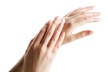 Fototapeta premium women hands isolate, applying cream, massaging