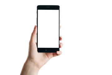 hand holds smartphone isolated on white