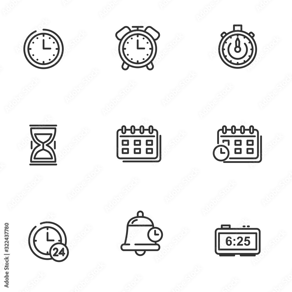 Wall mural set of time and date icons in black thin line design isolated on white background