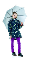 Cute little girl with umbrella. Weather forecast concept.