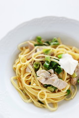 Italian food, pork and cream cheese with green belly pepper pasta