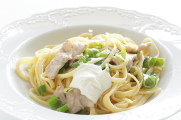 Italian food, pork and cream cheese with green belly pepper pasta