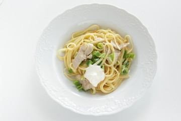Italian food, pork and cream cheese with green belly pepper pasta