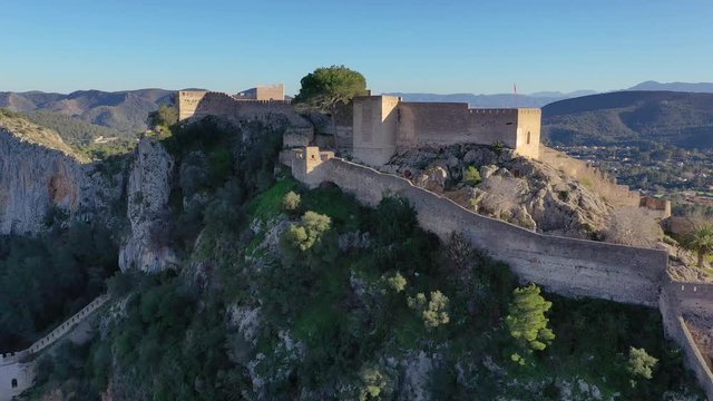 Aerial view of Xativa castle located near Valencia Spain on the ancient roadway  Via Augusta leading from Rome to Cartagena. Two forts connected