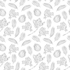 Line art floral pattern with beautiful flower. Seamless pattern with spring flowers and leaves. Hand drawn background. Illustration for wallpaper or fabric. 